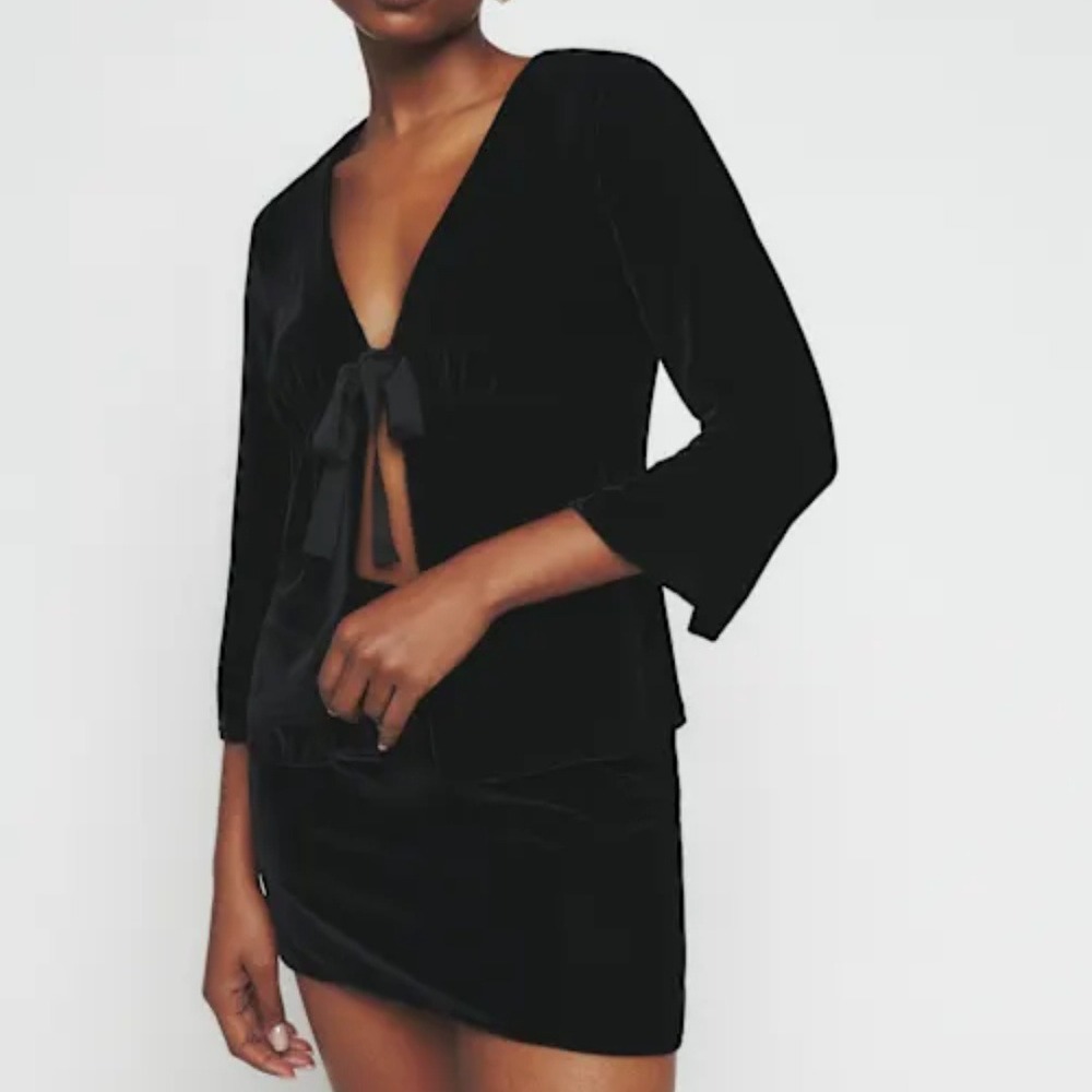 Reformation | Cairns Velvet Tie-Front Top & Mini Skirt Set in Black